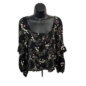 American‎ Rag Cie Womens XXL Black Floral Smocked Peasant Top Ruffle Sleeve Boho